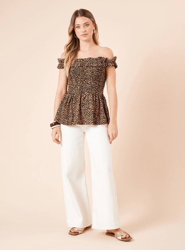 DOROTHY PERKINS Leopard Shirred Bodice Bardot Peplum Top 12
